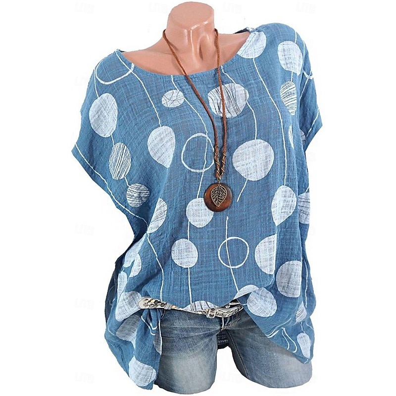 Women's Shirt Blouse Cotton Linen Shirts Polka Dot Casual Short Sleeve Crew Neck Regular Tops Daily Print White Blue Summer