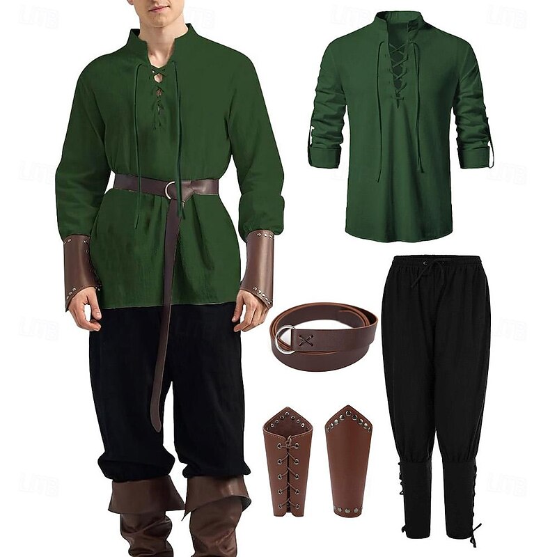 Medieval Renaissance 17th Century Armor Outfits Shirt Pirate Knight Ritter Viking Fancy Dress Men's Viking Fantasy Halloween Carnival Performance LARP Ren Faire Adults' Shirt Pants Waist Belt All4