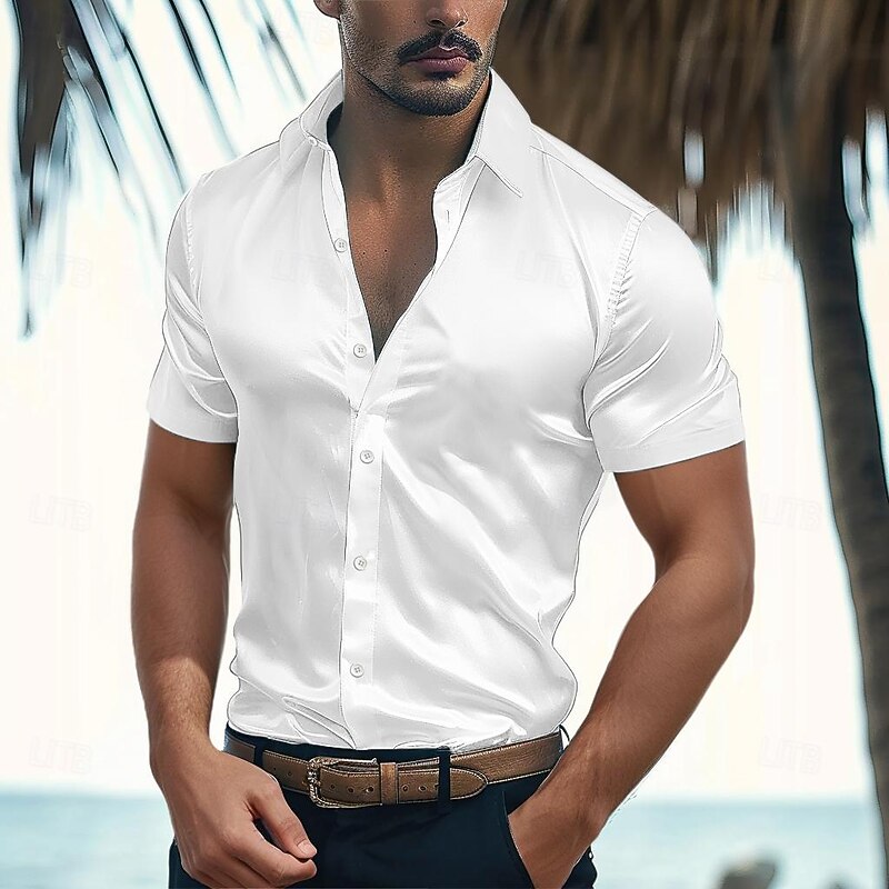 Men's Shirt Satin Shirt Summer Shirt Beach Wear Casual Shirt Button Up Shirt Stripes Wedding Vacation White Blue Green Short Sleeve Lapel Summer Clothing Apparel4