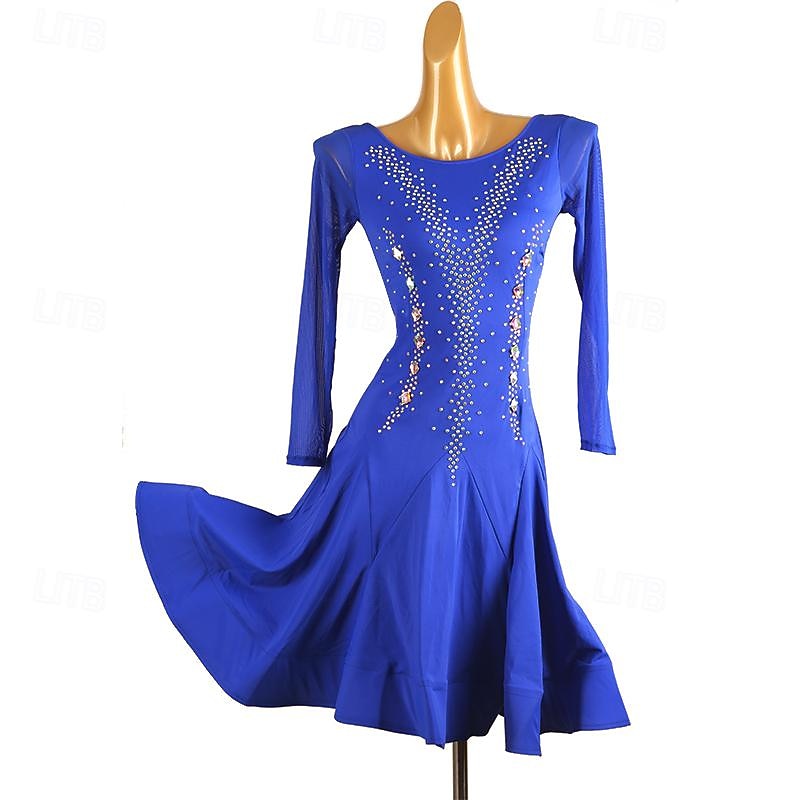 Latin Dance Dress Pure Color Splicing Crystals / Rhinestones Women's Performance Training Long Sleeve Chinlon Mesh