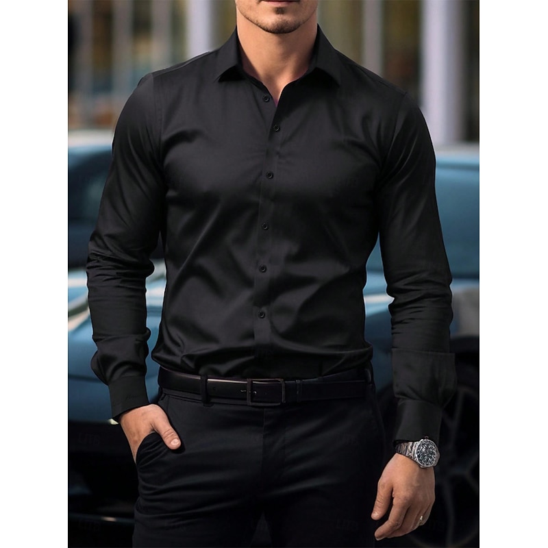 Men's Dress Casual Shirt Homecoming Standard Fit Long Sleeve Lapel Solid Color Polyester Black White Pink 2025