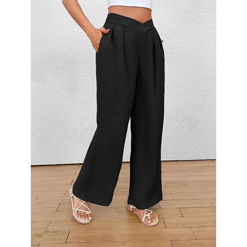 Women's Wide Leg Pants Trousers Fashion Long Plain Wide Leg Breathability Comfortable Micro-elastic Daily Wear Black Khaki Spring & Summer Regular Fit4