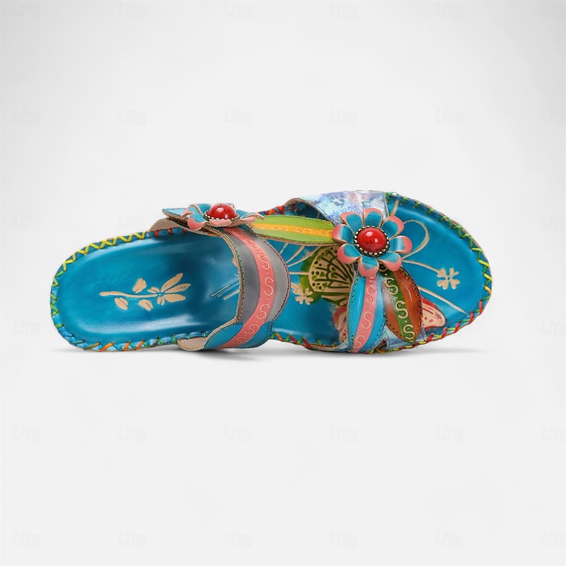 Women's Colorful Floral Wedge Sandals with Hand-Painted Leather and Embossed Details, Bohemian Open Toe Summer Slides for Casual Outfits and Vacation4