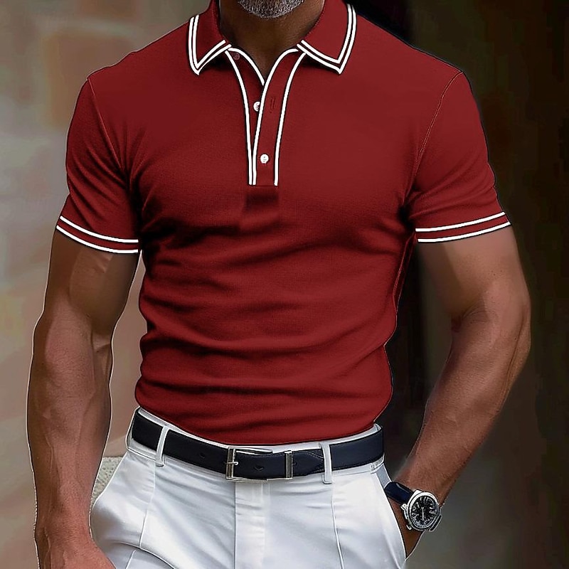 Men's Cotton Polo Shirt Golf Shirt Work Business Ribbed Polo Collar Classic Short Sleeve Basic Modern Solid Color Patchwork Pocket Spring & Summer Regular Fit Dark Grey Black Burgundy Navy Blue Royal4