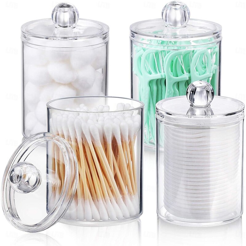 4 PACK Qtip Holder Dispenser for Cotton Ball Cotton Swab Cotton Round Pads Floss Picks - Small Clear Plastic Apothecary Jar Set for Bathroom Canister Storage Organization Vanity Makeup Organizer