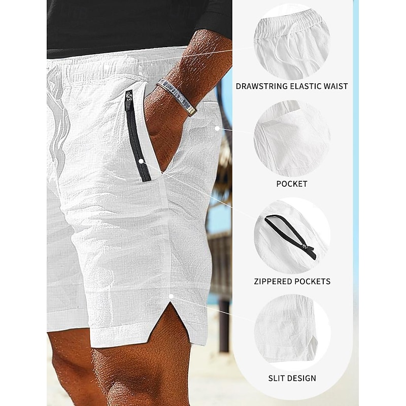 Men's Shorts Linen Shorts Summer Shorts Beach Shorts Drawstring Pocket Elastic Waist Plain Comfort Breathable Short Casual Daily Holiday Fashion Classic Style White Army Green2