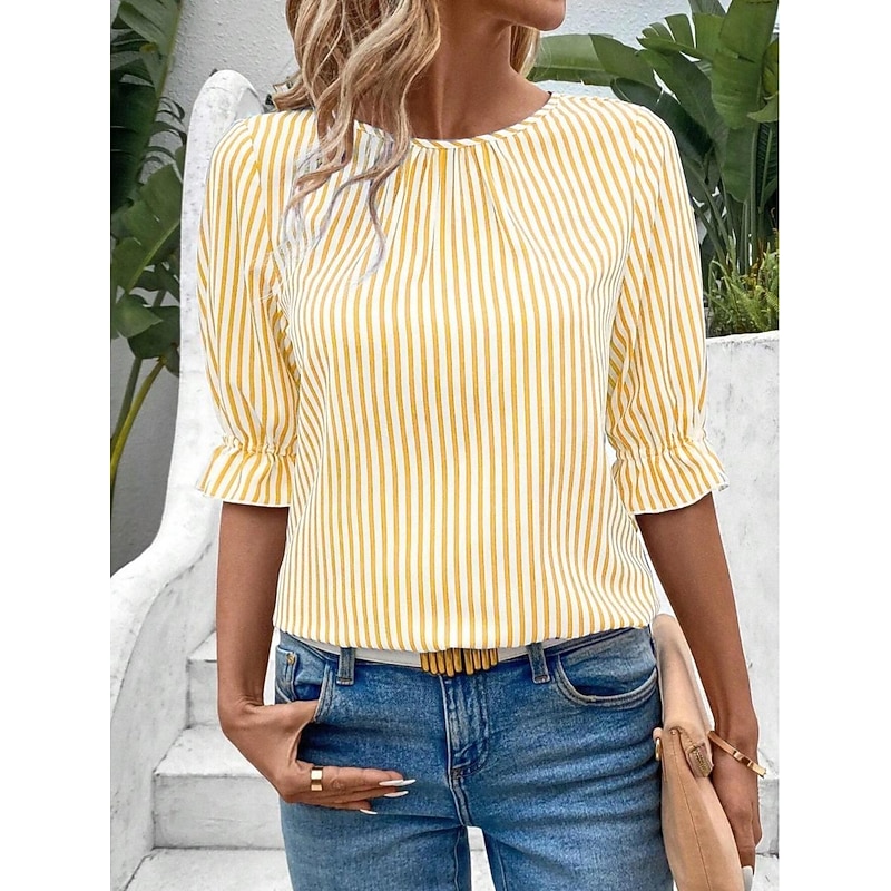 Blouse Women's Black Yellow Red Vertical Stripes Printing Daily Elegant Round Neck Regular Fit Lantern Sleeve S2