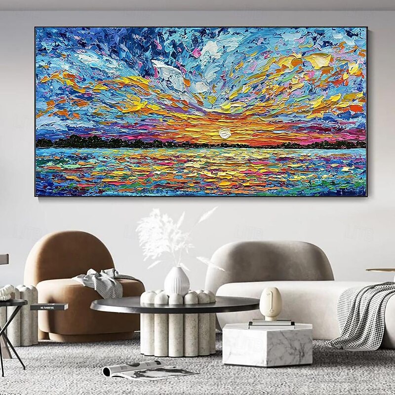 Hand Painted Oil Paintings Canvas Wall Art Decoration Modern Abstract Sunset Dusk Sea Landscape for Living Room Home Decor Rolled Frameless Unstretched Painting2