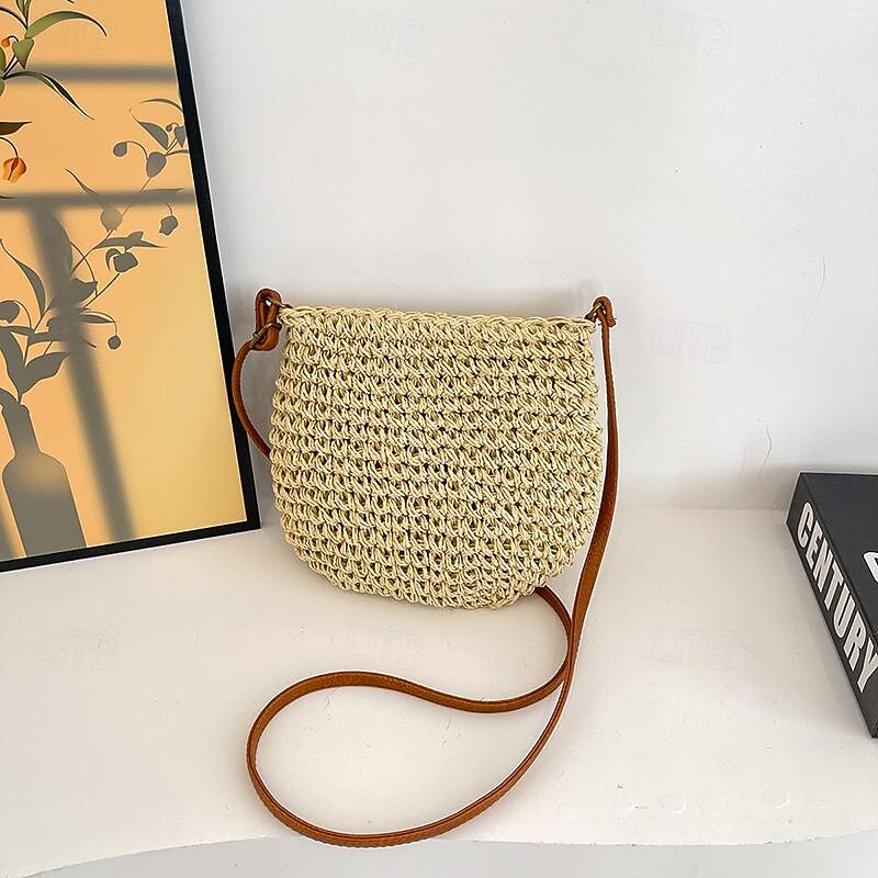 Women's Woven Straw Crossbody Bag – Boho Tassel Handbag with Bead Detail and Leather Strap for Summer Beach Trips and Casual Outings3