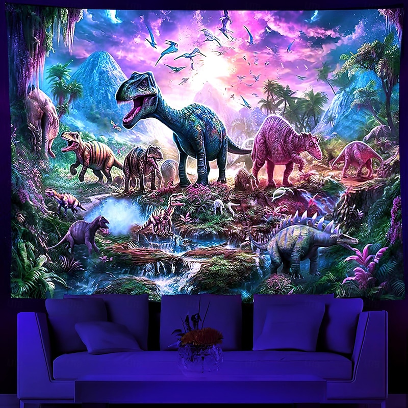 Blacklight Tapestry UV Reactive Glow in the Dark Glow Party Neon Dinasour Forest Nature Psychedelic Trippy Misty Hanging Tapestry Wall Art Mural for Living Room Bedroom3