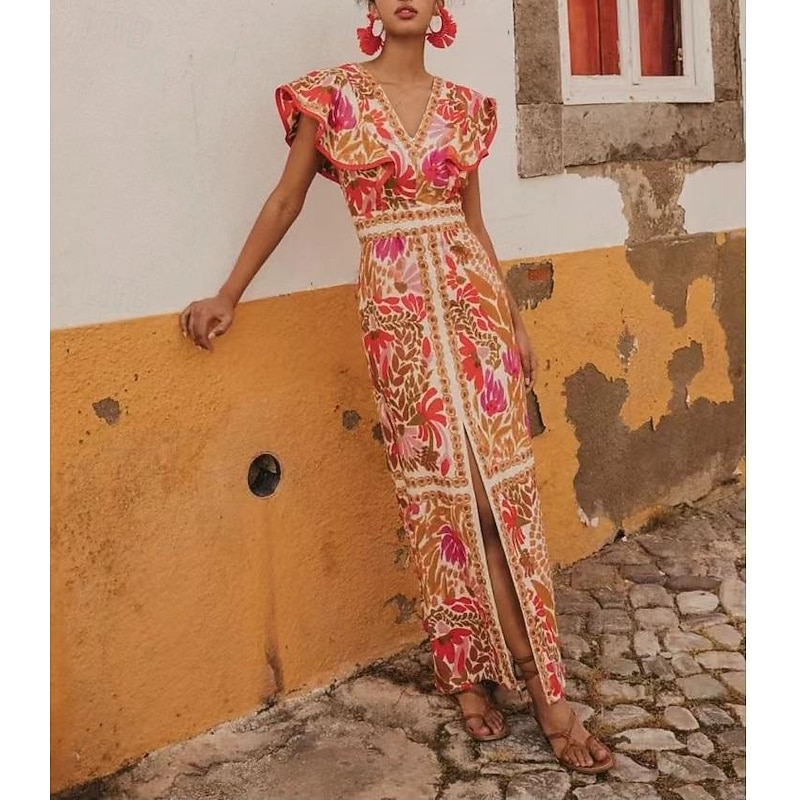 Women's Graphic Color Block Backless Split Thigh V Neck Flutter Sleeve Midi Dress Elegant Stylish Date Vacation Sleeveless Summer4