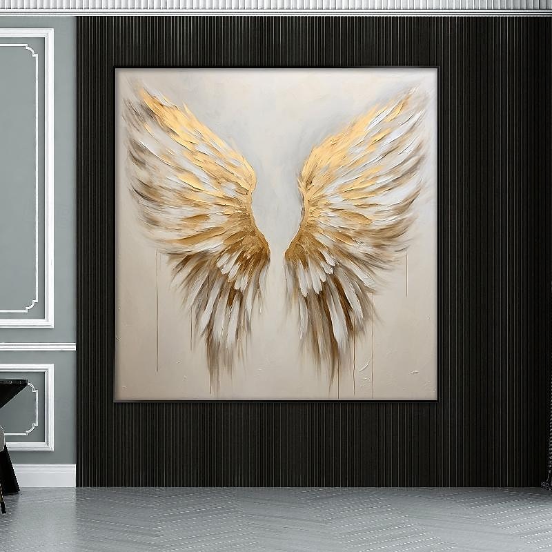 Golden Wing painting 100% Handmade Gold and White Angel Wings oil painting handmade Textured feather Painting Acrylic Abstract Oil Painting Wall Decor Living Room Modern artwork