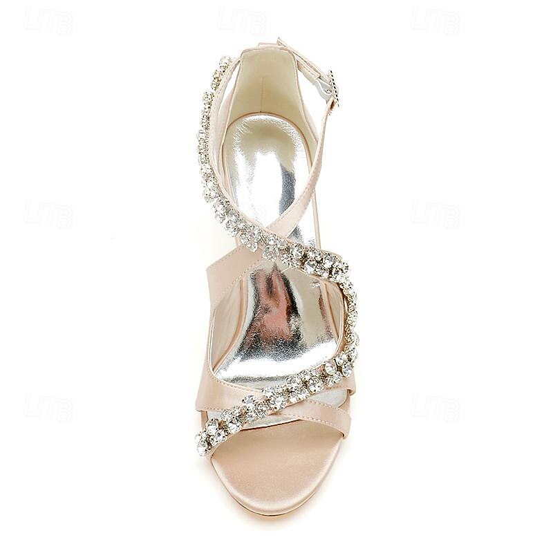 Women's Ivory Satin Chunky Heel Sandals with Rhinestone Straps – Elegant Open-Toe Dress Shoes for Cocktail Parties and Weddings4