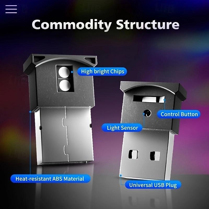 1 Pc Mini USB LED Light, Car Interior LED RGB Lighting 5V Smart USB LED Atmosphere Light Laptop Decoration Night Lamp Adjustable Brightness 8 Colors3