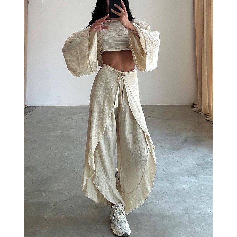 Women's Fashion Shirt Two Piece Sets Pants Sets Pants Trousers Long Sleeve Round Neck Plain Ruffle Split Holiday Weekend Black Brown Beige Spring & Summer Regular Fit