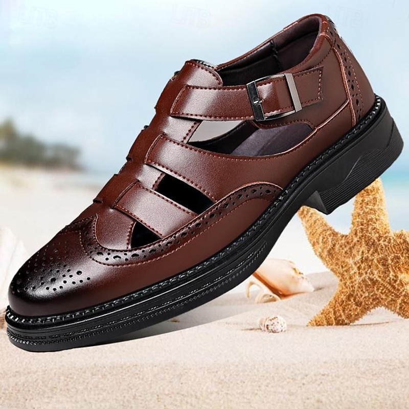 Men's Brown Leather Fisherman Sandals with Brogue Detailing, Breathable Cutout Summer Dress Shoes for Middle-Aged Professionals or Casual Beach Wear