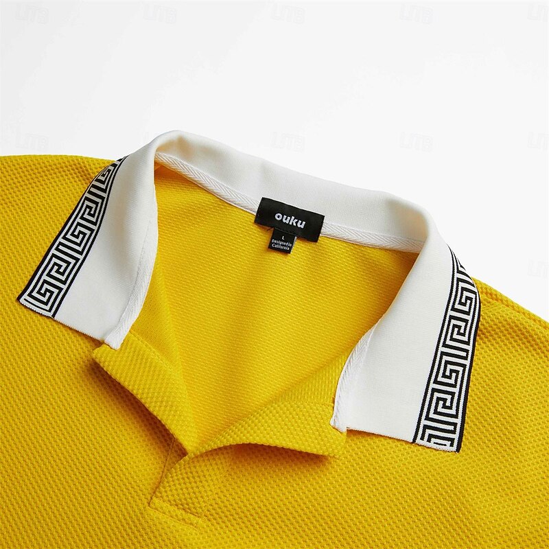 Men's Waffle Polo Shirts Business Polo Work Casual Lapel Ribbed Polo Collar Short Sleeve Modern Old Money Style Color Block Patchwork Pocket Spring & Summer Regular Fit Light Yellow Dark red Black4