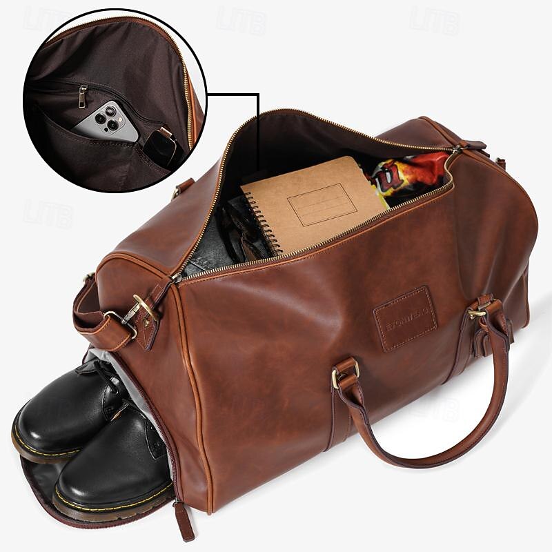 Men's Versatile Leather Weekender Bag with Integrated Shoe Compartment and Gadget Storage - Perfect for Travel and Daily Use4