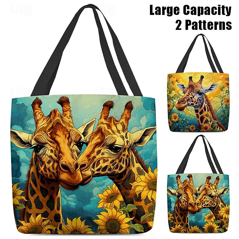 Women's Tote Shoulder Bag Canvas Tote Bag Polyester Shopping Holiday Beach Print Large Capacity Foldable Lightweight Giraffe Yellow Blue2