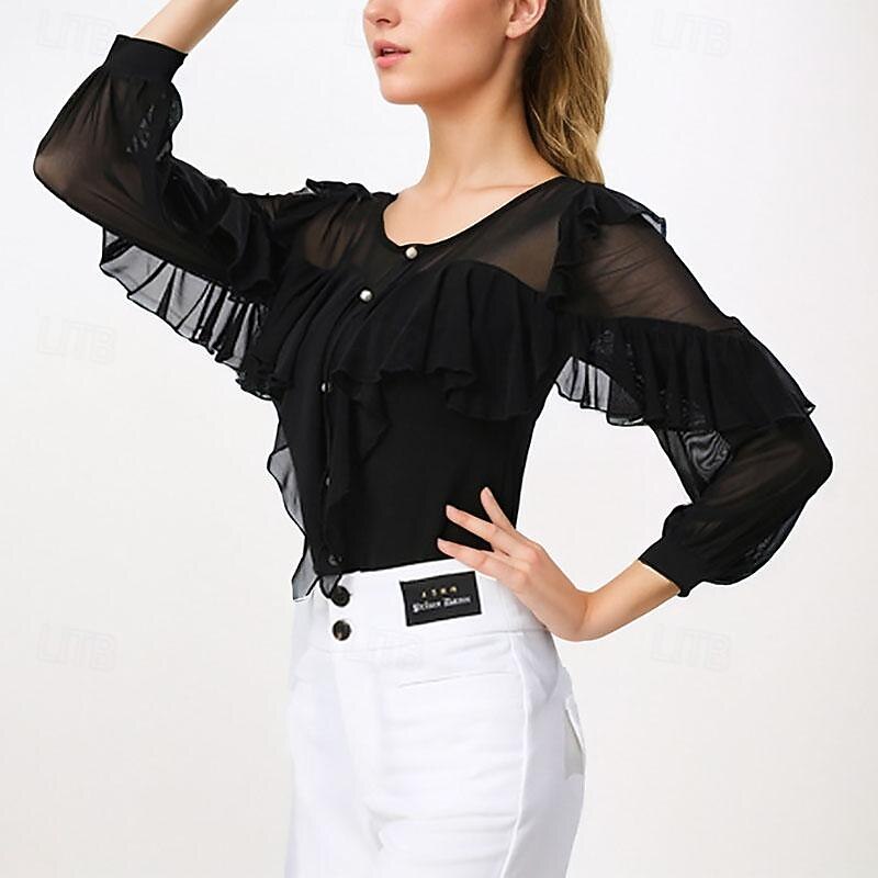 Latin Dance Ballroom Dance Top Ruffles Pure Color Splicing Women's Performance Training Long Sleeve High Spandex4