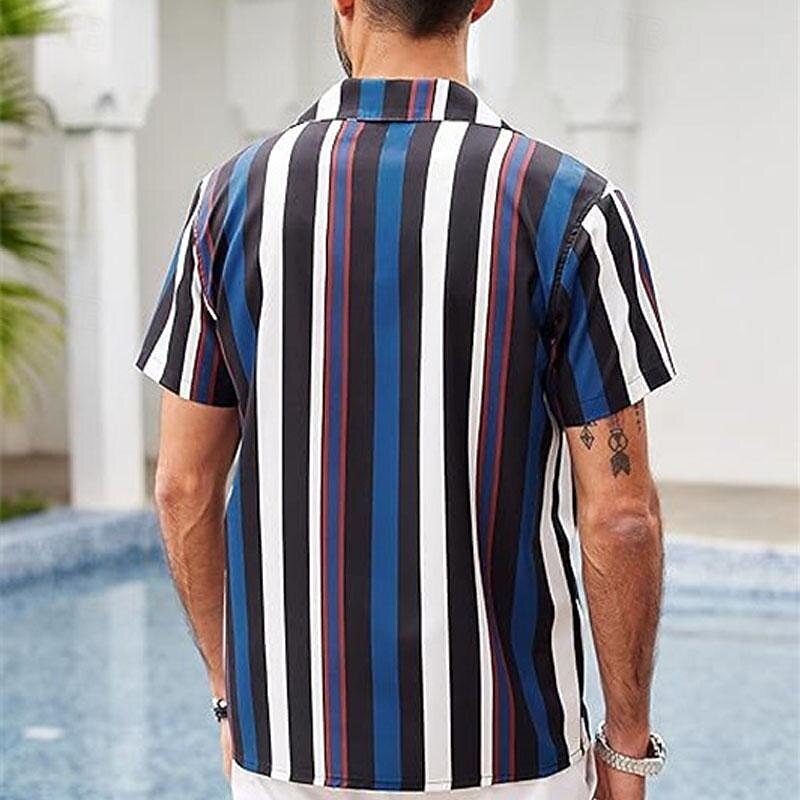 Men's Shirt Summer Shirt Casual Shirt Beach Shirt Button Up Shirt Striped Shirts Blue Green Chocolate Coffee Short Sleeve Stripes Camp Collar Vacation Hawaiian Clothing Apparel Polyester Fashion3
