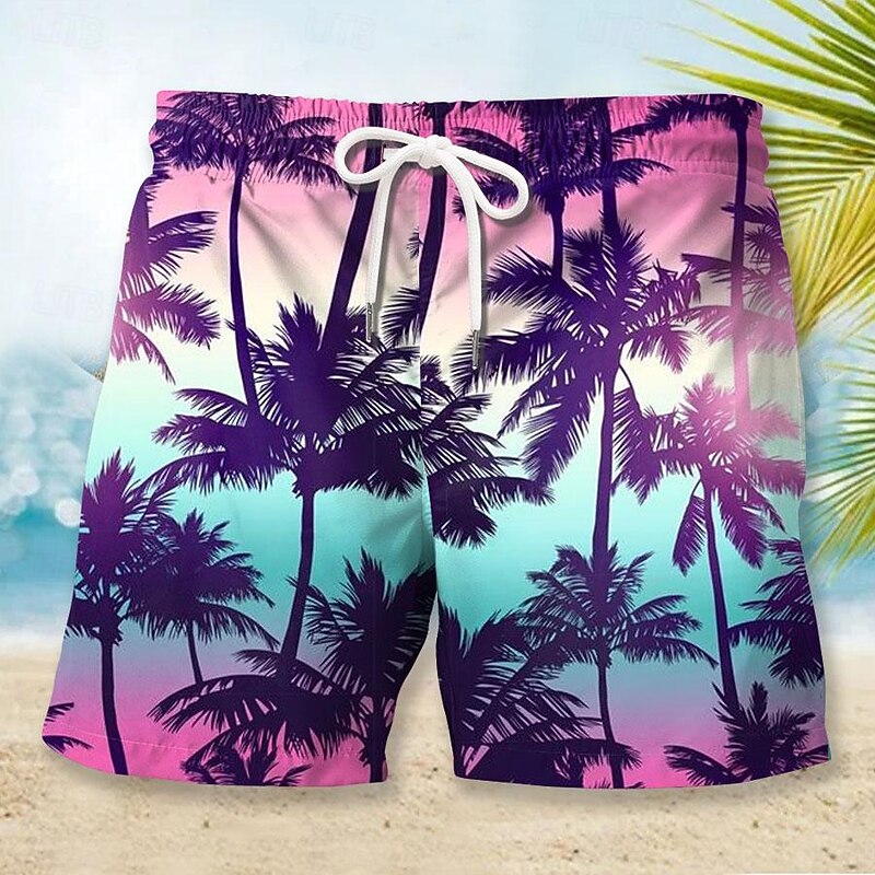 Men's Gradient Coconut Tree Swim Trunks Swim Shorts Board Shorts Mid Waist Fashion Streetwear Designer Casual Daily Holiday Pocket Drawstring Elastic Waist Designer Clothing Apparel