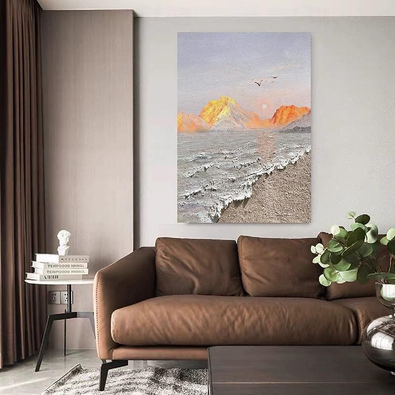Hand painted 3D minimalism abstract canvas painting handmade tonal wave art textured mountain sea painting wall art wabi-sabi wall art painting for living room painting stylish room decoration3