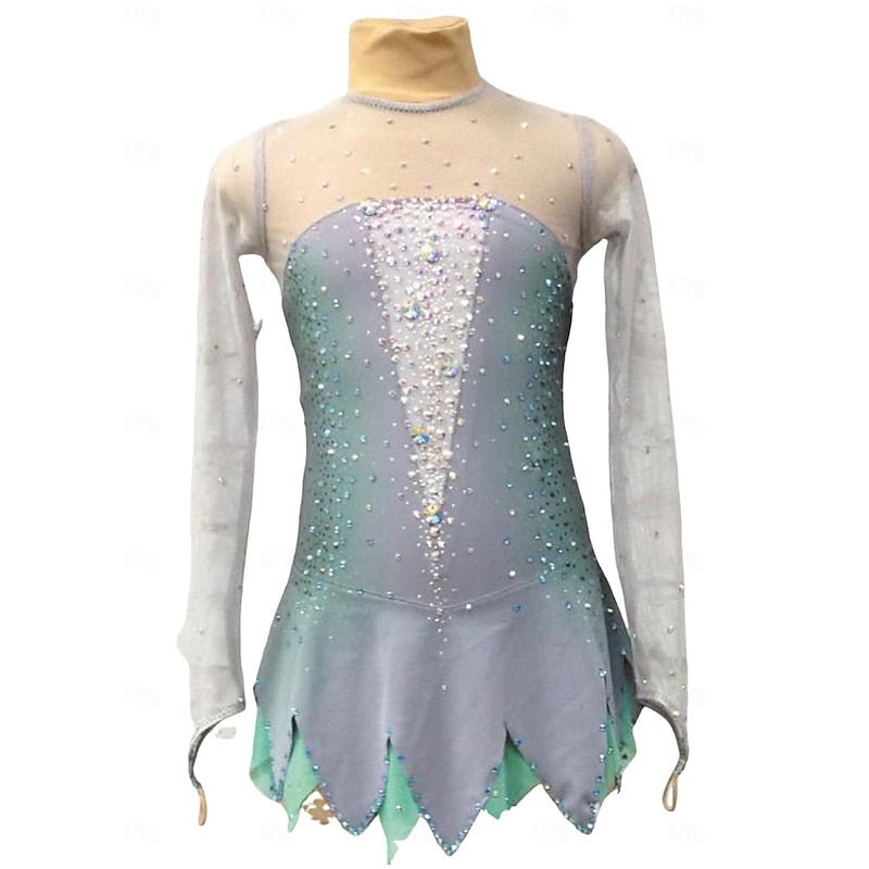 Figure Skating Dress Women's Girls' Ice Skating Dress Light Grey Patchwork Thumbhole Mesh Spandex Stretchy Training Practice Professional Skating Wear Thermal Warm Crystal / Rhinestone Long Sleeve