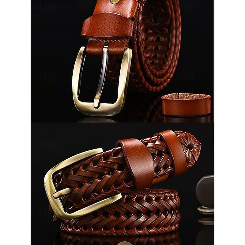 Men's Braided Leather Belt with Brass Buckle – Vintage Style in Black and Brown, Adjustable for Casual and Formal Wear3