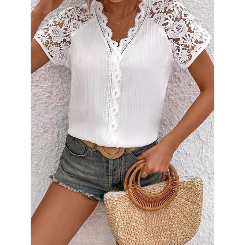 Women's White Elegant Lace Tops Eyelet Blouse Daily Stylish Plain Regular Tops Short Sleeve V Neck Lace Regular Fit Vacation Daily Romantic Petite Tops Summer Holiday Wear White Summer Spring Fall4