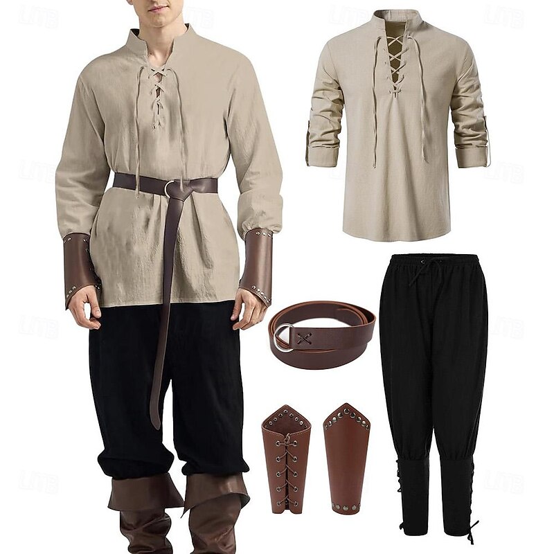 Medieval Renaissance 17th Century Armor Outfits Shirt Pirate Knight Ritter Viking Fancy Dress Men's Viking Fantasy Halloween Carnival Performance LARP Ren Faire Adults' Shirt Pants Waist Belt All