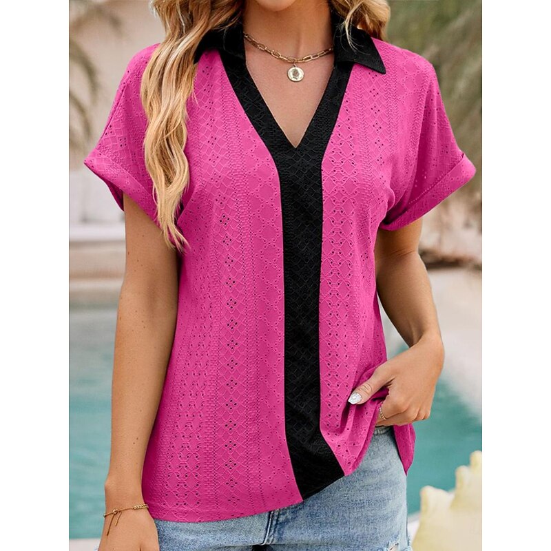 Women's Shirt Tunic Plain Short Sleeve V Neck Shirt Collar Work Daily Sage Green Pink Rose Pink Summer3