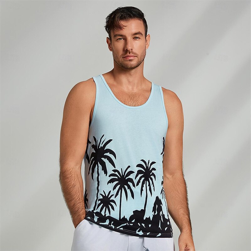 Men's 100% Cotton Graphic Tank Top Casual Vest Top Coconut Tree Fashion Hawaiian Undershirt Street Daily Beach T shirt White Blue Short Sleeve Crew Neck Shirt Spring & Summer Clothing Apparel4