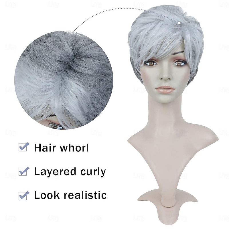 Short Grey Wigs Pixie Cut Wigs with White Bangs Straight Layered Synthetic Hair Wigs for Women (Grey Mixed White with White Bangs)3