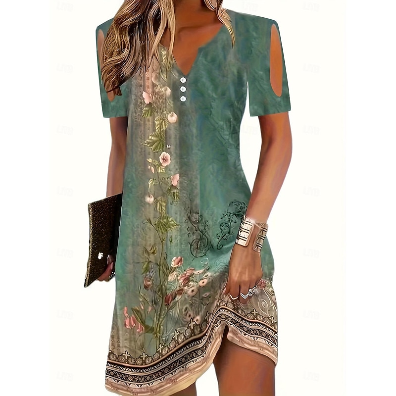 Women's Geometric Polka Dot Eyelet Print V Neck Mini Dress Bohemia Casual Party Home Summer3