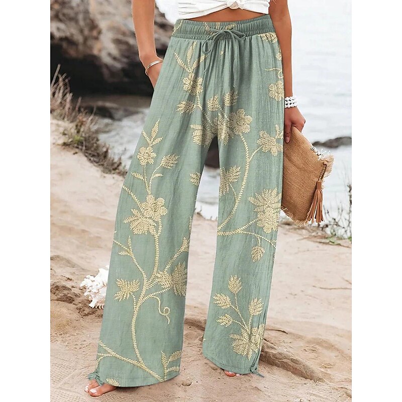 Women's Wide Leg Pants Trousers Pocket High Cut Floral High Waist Long Black Summer