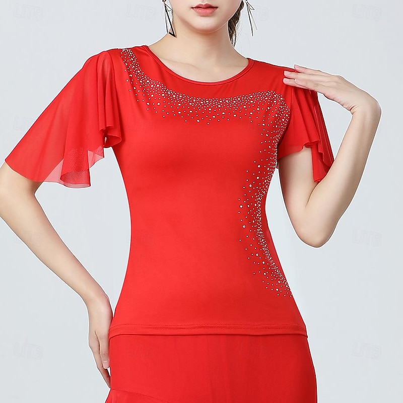 Latin Dance Ballroom Dance Top Glitter Pure Color Splicing Women's Performance Training Short Sleeve High Polyester