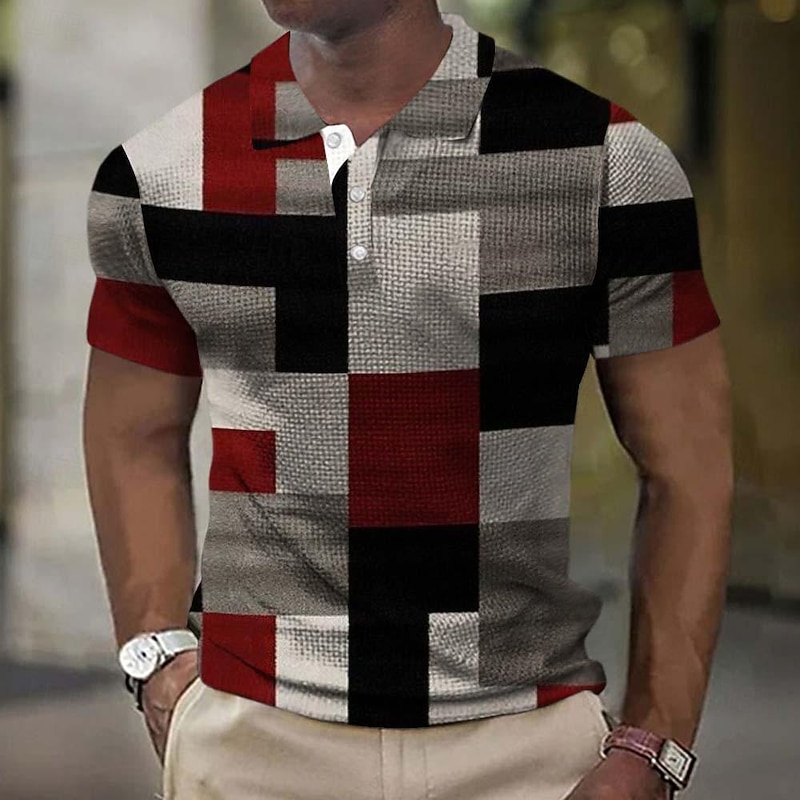 Men's Waffle Polo Shirts Golf Shirt Short Sleeve Polo Shirts Collared Shirts Casual Vacation Wear Formal Wear Festival Wear Buttons 3D Print Summer Spring Red