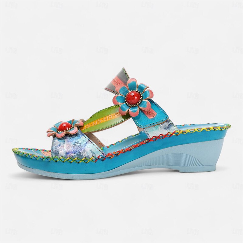 Women's Colorful Floral Wedge Sandals with Hand-Painted Leather and Embossed Details, Bohemian Open Toe Summer Slides for Casual Outfits and Vacation2