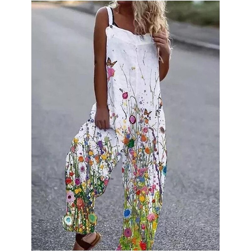 Women's Normal Overall Streetwear Floral Sleeveless Square Neck Print Street Daily Regular Fit White Pink Orange Summer4
