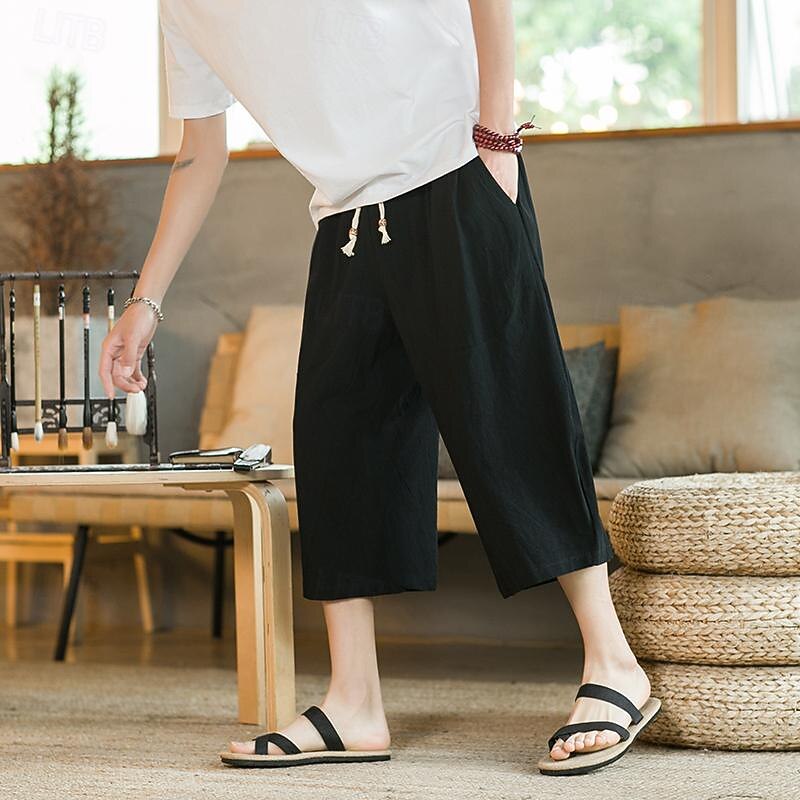 Men's Linen Pants Harem Pants Capri Pants Pocket Solid Colored Sports Calf-Length Work Casual Casual Loose Fit Black Wine Inelastic4