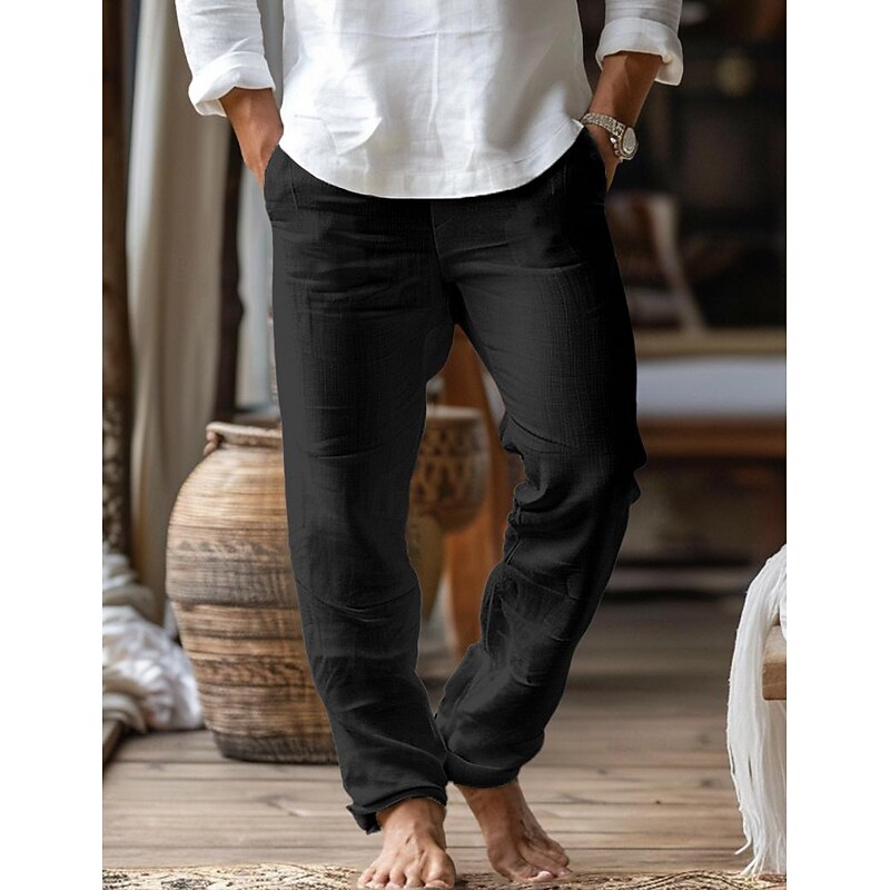 Men's Linen Pants Trousers Beach Pants Pocket Drawstring Plain Comfort Breathable Home Daily Stylish Classic Style Black White Micro-elastic3