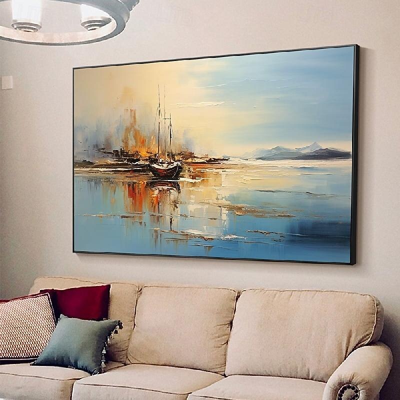 Abstract Coastal Landscape Oil Painting on Canvas Large Wall Art Original Blue Sailboat Art painting Ocean Art Custom Painting for Living Room bedroom wall Decor3