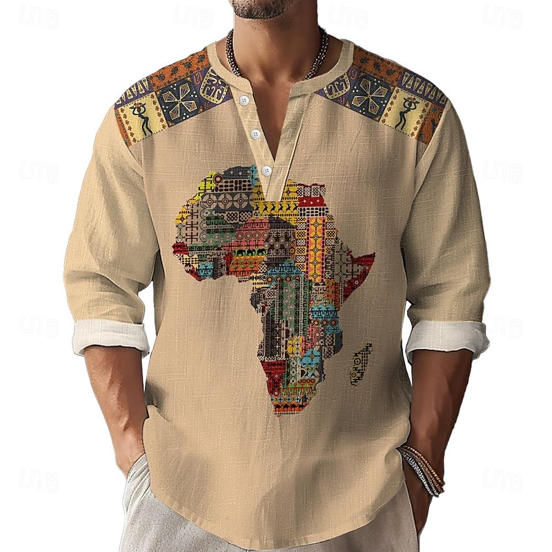 Men's Ethnic Shirt Button Up Shirt Henley Shirt Long Sleeve Casual Tribal Vacation Daily Summer Spring Fall Collarless V Neck Print Khaki