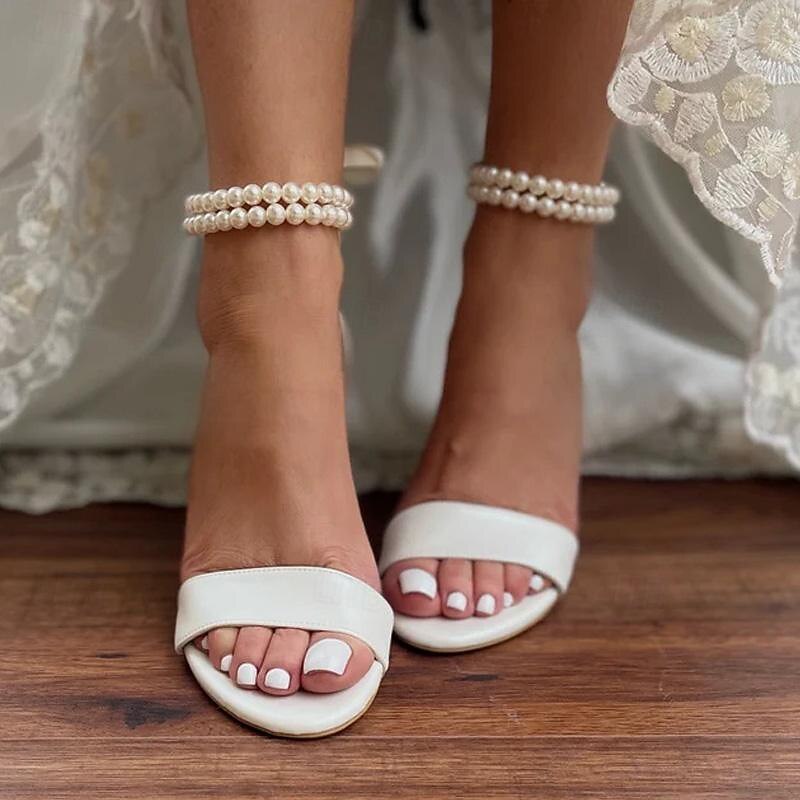 White Satin Wedding Sandals with Pearl Anklet and Block Heels - Elegant Bridal Shoes for Special Occasions 5