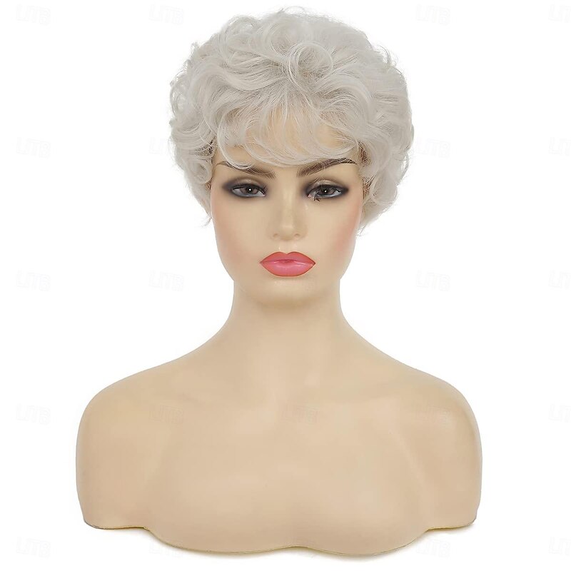 Short White Wigs for Women Synthetic Layered Curly Pixie Wig with Bangs Natural Looking Costume Hair Wig2