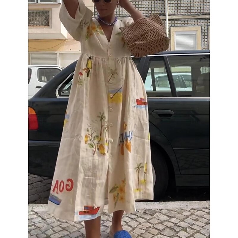 Women's Leaf Animal Print V Neck Puff Sleeve Midi Dress Bohemia Daily Vacation Short Sleeve Summer2