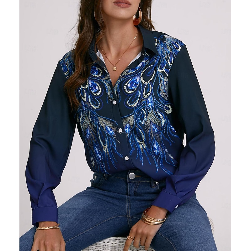 Women's Shirt Long Sleeve Button Down Blouse Daily Basic Buttons Print Regular Tops Shirt Collar Casual Blue Green Fall & Winter