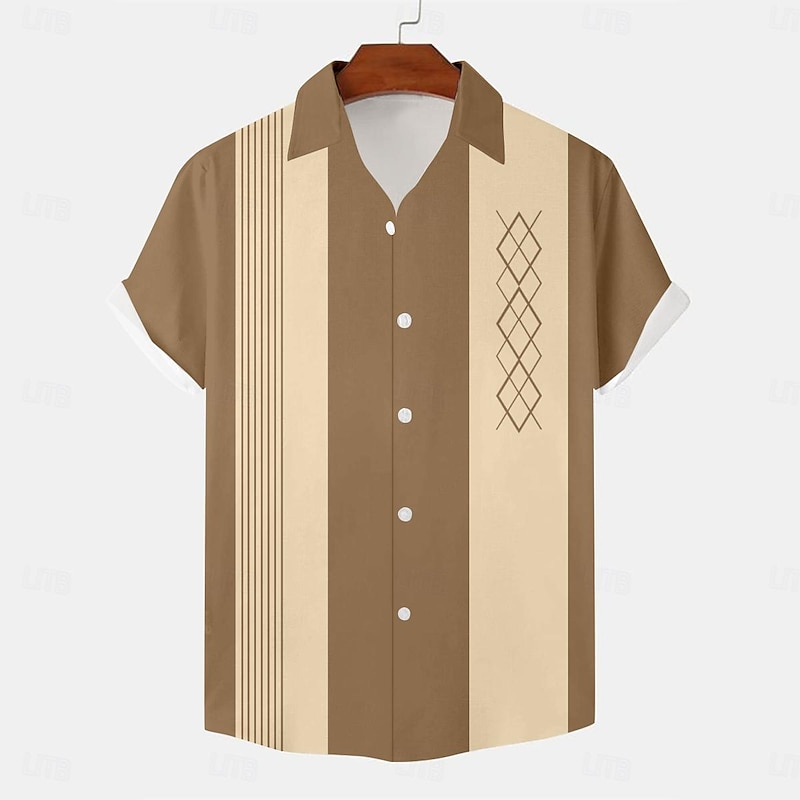 Men's Bowling Shirt Button Up Shirt Printed Shirts Short Sleeve Casual Outdoor Daily Summer Turndown Print Button-Down Black Blue Khaki2