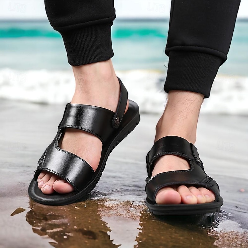 Men's Brown and Black Faux Leather Open-Toe Sandals with Adjustable Strap and Cushioned Sole – Casual Outdoor Summer Footwear for Daily Wear 5